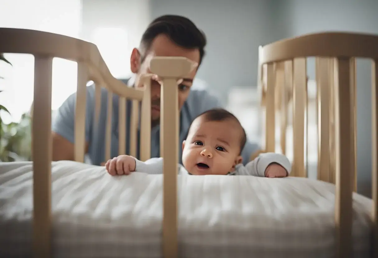 A baby cries in a crib, while a tired parent looks on, frustrated by Sleep Training Not Working